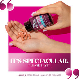hands pouring mybiotin pills into another hand with a quote that says "it's spectacular. please try it."