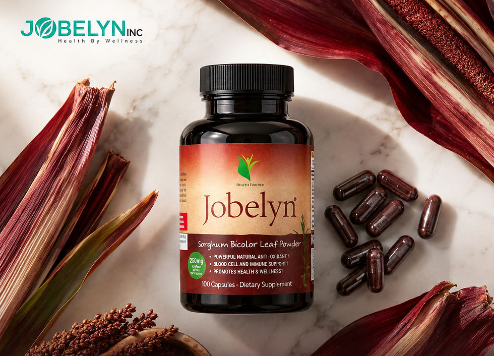 Jobelyn Sorghum Bicolor capsules in an amber glass bottle on
marble, surrounded by the crimson leaf sheaths the antioxidant
capsules made from
