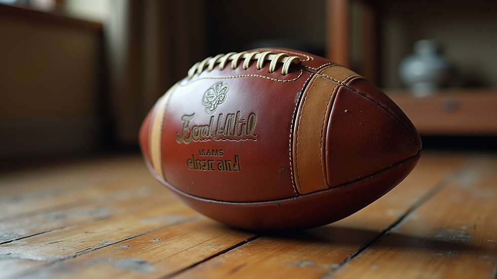 Close-up of a vintage leather football on a wooden floor