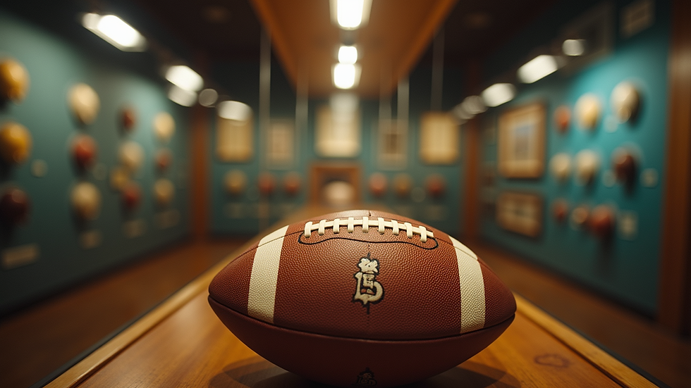 Eye-level view of a display case with vintage football memorabilia