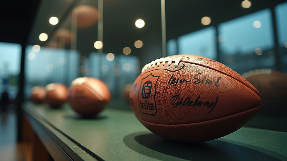 Eye-level view of a glass display case with signed football memorabilia