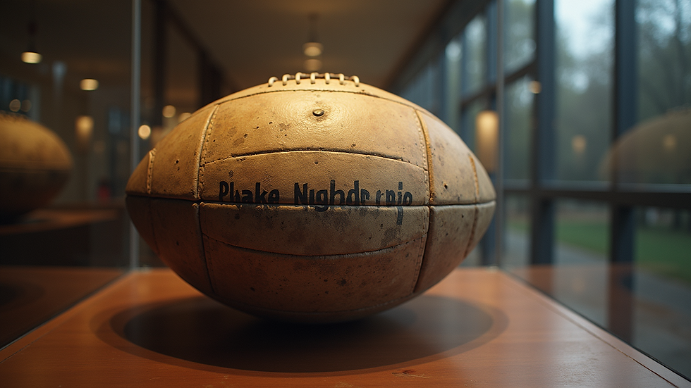 Plano detalle de balón de fútbol antiguo en vitrina
