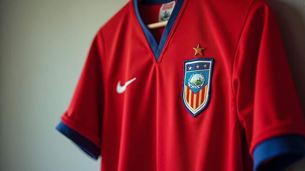 Close-up view of a vintage Chilean national team jersey hanging on a wall