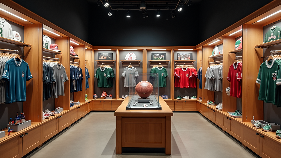 High angle view of a football memorabilia exhibition in a modern store