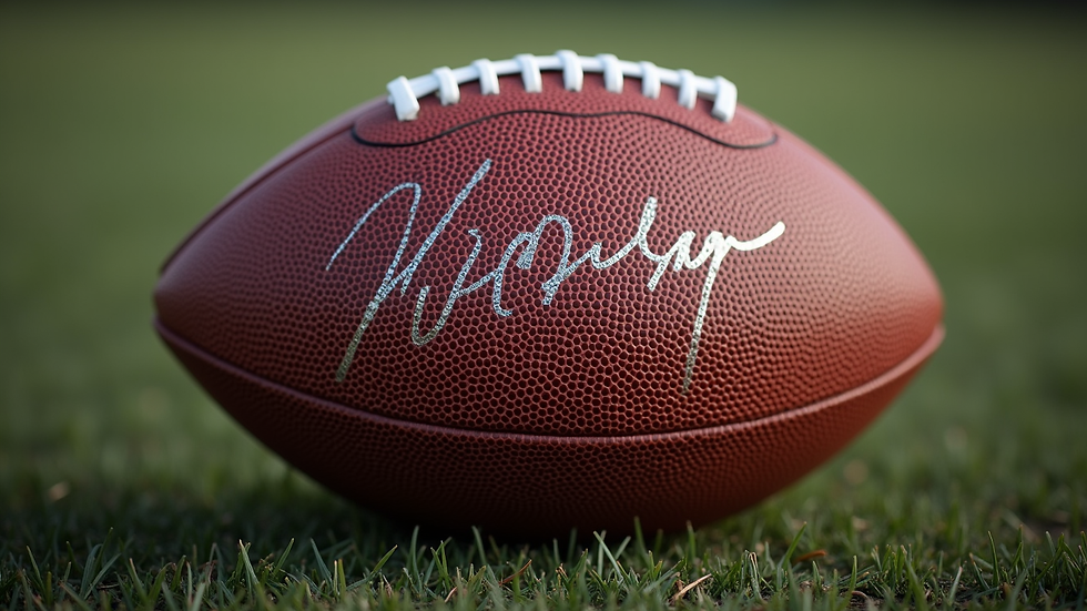 Close-up view of a signed football with certificate of authenticity