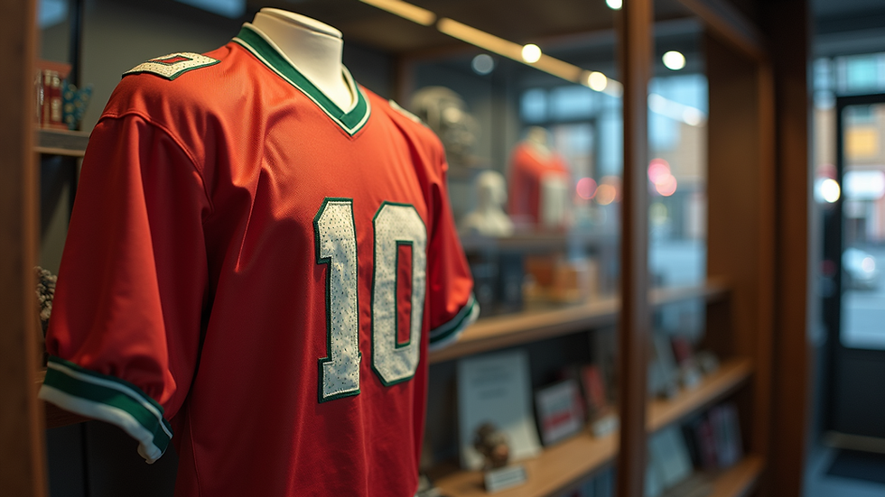 Eye-level view of a vintage football jersey displayed in a shop