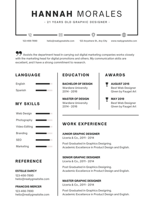 Resume CV Template Black White