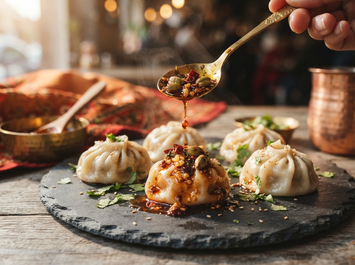 Momo Dumplings with Cardamom Chili Oil