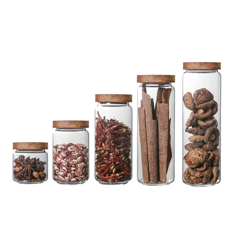 Thumbnail: 1pcs Wood Lid Orgnizer Glass Airtight Canister Kitchen Storage Bottles Jar Seale