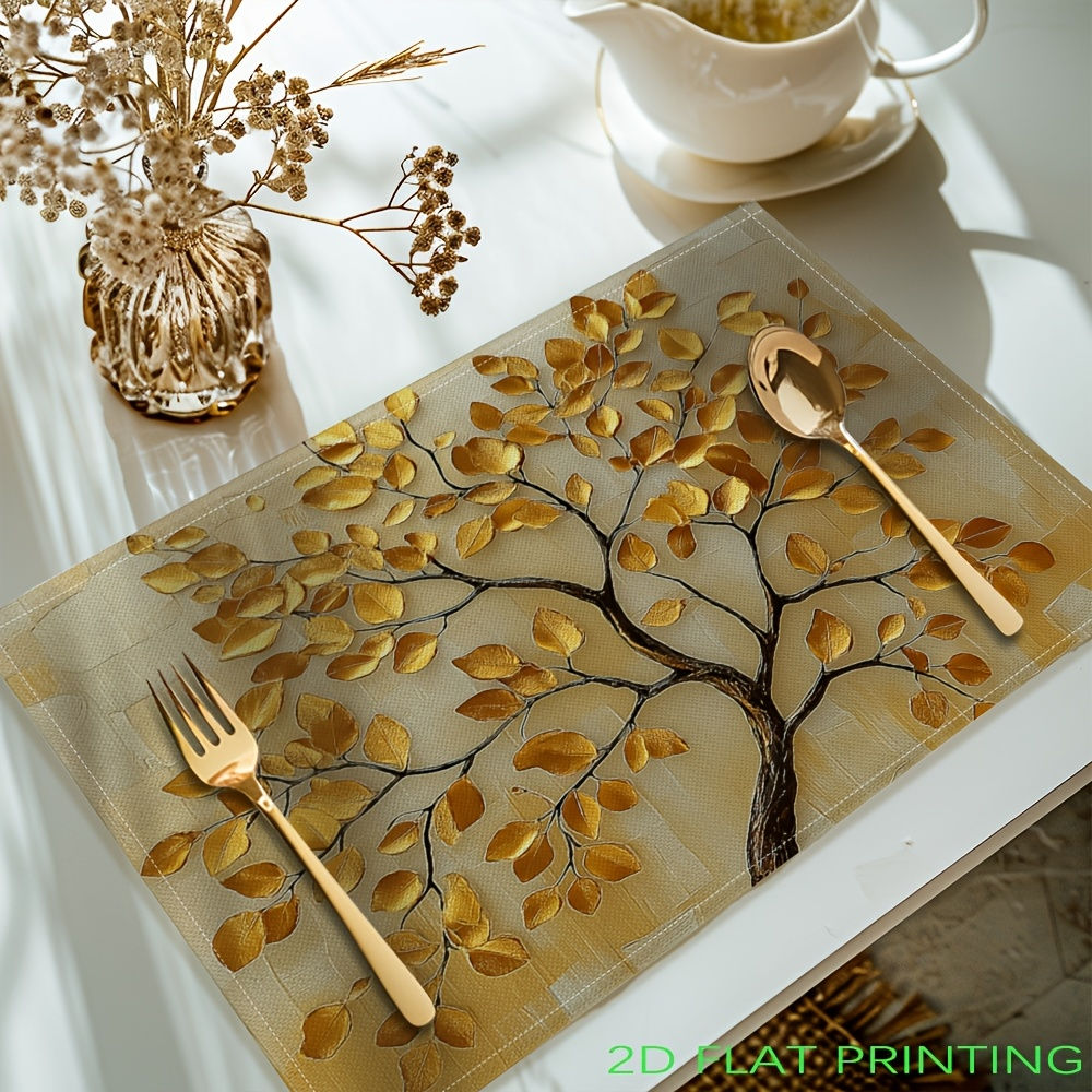 2D Flat Printing Golden Leaves Tree Printed Placemats,Table Mats Washable Placem