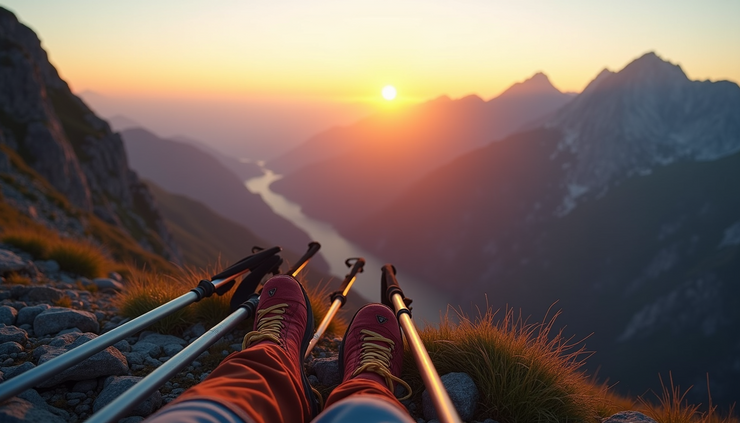 High angle view of trekking poles standing upright on a mountain ridge at sunrise