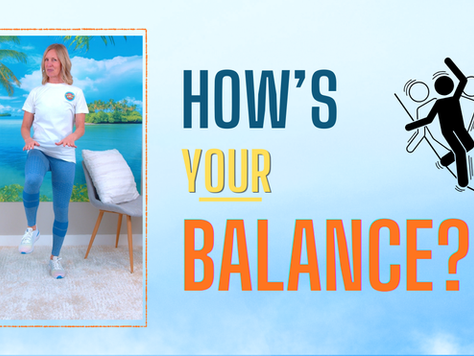 Woman over 50 doing a balance exercise beside a chair