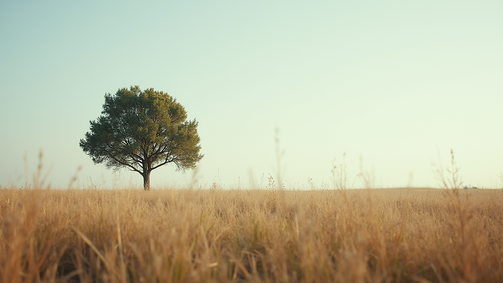 Eye-level view of a serene landscape with a single tree