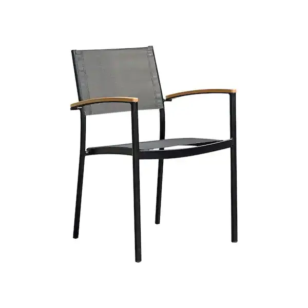 Thumbnail: stacking black wood metal and mesh fabric combination outdoor patio chairs