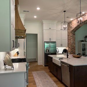 white stacker kitchen cabinets, kitchen cabinets to the ceiling, stacked cabinets, farmhouse kitchen, kitchen cabinets, kitchen design, stained island, white cabinets, brick kitchen