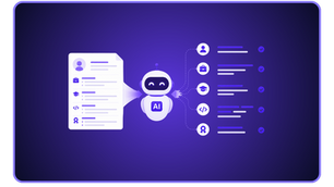 Minimalistische Illustration zum KI-gestützten Lebenslauf-Parsing, dargestellt durch die automatische Erfassung und Strukturierung von Informationen aus Bewerbungsunterlagen sowie die intelligente Aufbereitung relevanter Kandidatendaten für Recruiting-Prozesse in modernem lila Design.