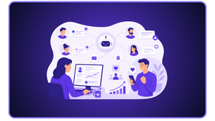 Minimalistische Illustration einer KI-gestützten Kommunikation zwischen Recruiting-Team und Kandidaten, dargestellt durch digitale Verbindungen, Nachrichten-Symbole und Kandidatenprofile in modernem lila Design.