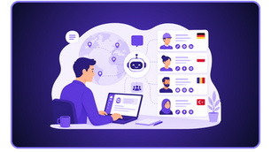 Minimalistische Illustration eines HR-Mitarbeiters beim mehrsprachigen Recruiting mit KI, dargestellt mit internationalen Kandidatenprofilen, Übersetzungs- und Kommunikationssymbolen sowie globalen Vernetzungs-Elementen in modernem lila Design.