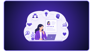 Illustration einer Recruiterin am Laptop, umgeben von Symbolen für Kommunikation, KI, Analyse, Wachstum und Soft Skills in modernem lila Design.