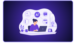 Minimalistische Illustration eines HR-Mitarbeiters, der mit KI-gestützten Recruiting-Tools an einem Laptop arbeitet, umgeben von Symbolen für Bewerbermanagement, Kommunikation und Automatisierung.