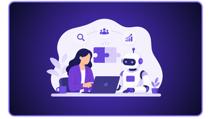 Minimalistische Illustration eines Recruiters und eines KI-Roboters, die gemeinsam an einem Laptop arbeiten, dargestellt in modernem lila Design.