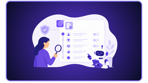 Minimalistische Illustration zur Nachvollziehbarkeit von KI-Entscheidungen, dargestellt durch einen KI-Assistenten, digitale Prüfprozesse, Dokumentenverfolgung und Compliance-Elemente in modernem lila Design.