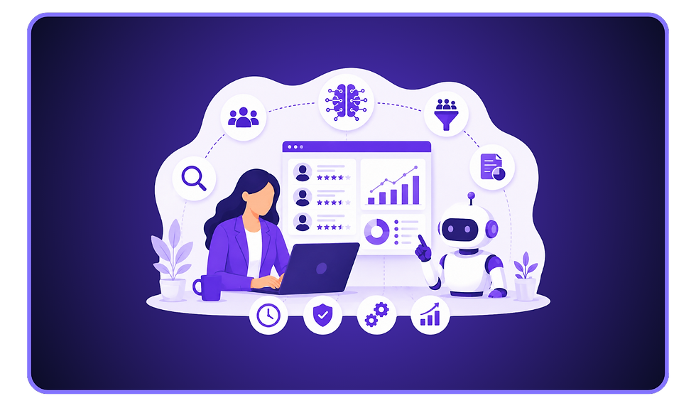 Minimalistische Illustration einer HR-Mitarbeiterin und eines KI-Roboters vor einem digitalen Dashboard mit Symbolen für Datenanalyse, Automatisierung und Lieferantenmanagement in modernem lila Design.