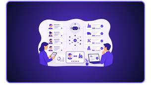 Minimalistische Illustration eines KI-gestützten Matching-Prozesses in der Personaldienstleistung, dargestellt durch die intelligente Verbindung von Kandidatenprofilen und passenden Einsatzmöglichkeiten in modernem lila Design.