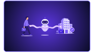 Minimalistische Illustration zum automatischen Matching von Kandidaten und Stellen, dargestellt durch einen Bewerber, einen KI-Assistenten und ein Unternehmen, die über einen digitalen Matching-Prozess miteinander verbunden sind, um passende Besetzungen innerhalb von Sekunden zu ermöglichen – in modernem lila Design.