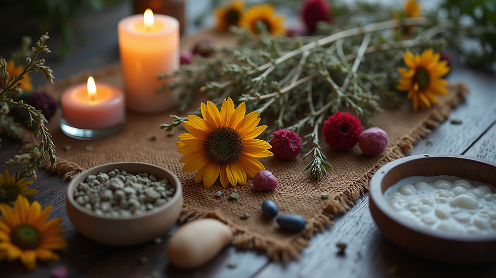 Close-up of dried herbs and flowers arranged for a moon ritual