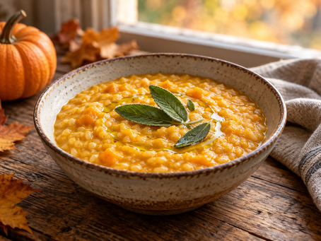 Creamy golden pumpkin and ginger rice in a rustic bowl beside an autumn window