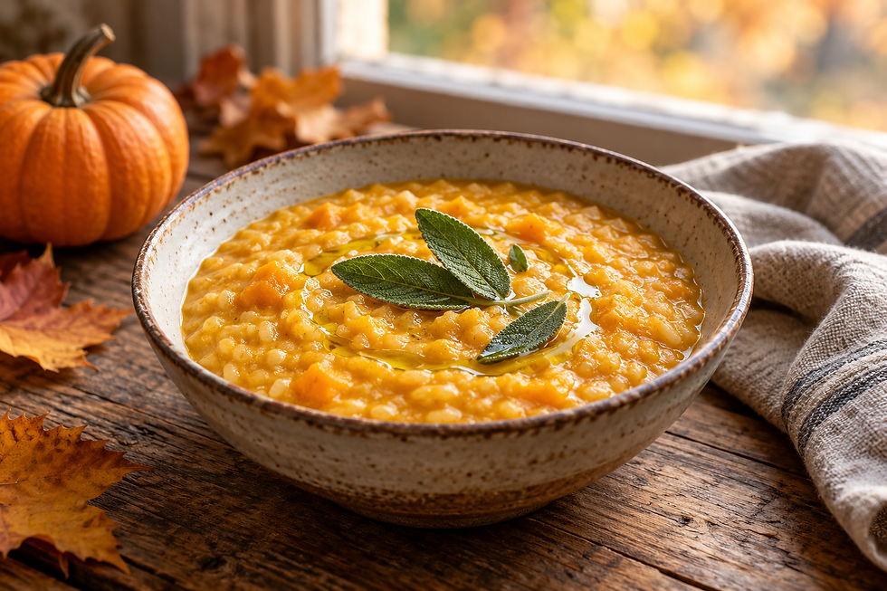 Creamy golden pumpkin and ginger rice in a rustic bowl beside an autumn window