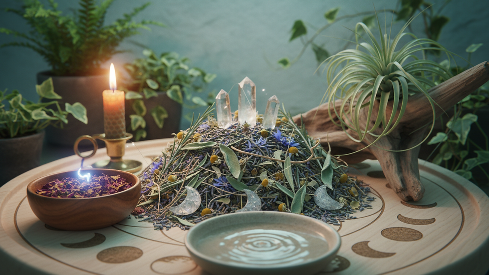 Close-up view of dried herbs and flowers arranged for herbal healing