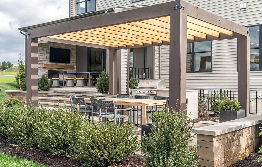 Trendy outdoor patio pergola shade structure, awning and patio roof, dining table, chairs,