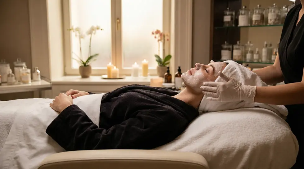 Person receiving facial treatment in a spa setting.