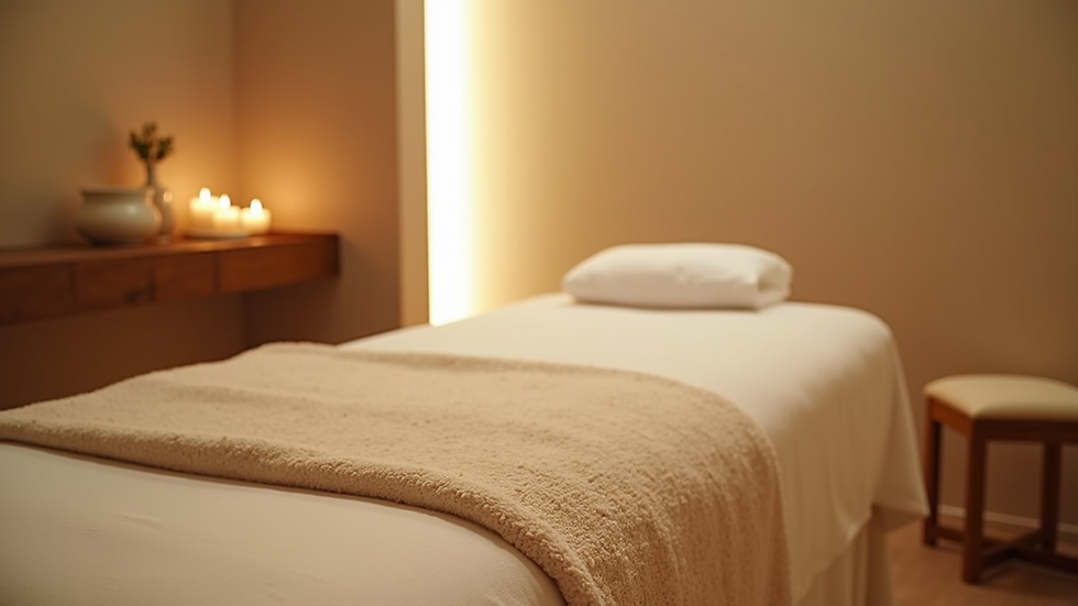 Eye-level view of a serene spa room with soft lighting and plush treatment bed