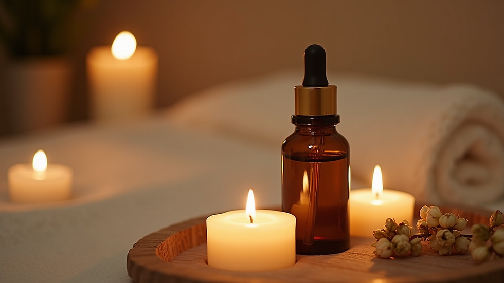 Close-up view of a luxurious spa treatment setup with candles and essential oils