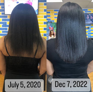 Side-by-side comparison showing two-year hair transformation from damaged, split ends to healthy, trimmed ends with improved shine and thickness; results from consistent hair wellness routine and professional care