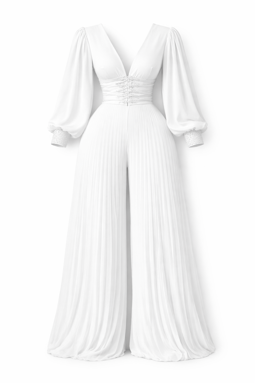 جمبسوت نسائي واسع، لون موحد، أكمام طويلة، فتحة رقبة على شكل حرف V عميقة، على شكل كمثرى