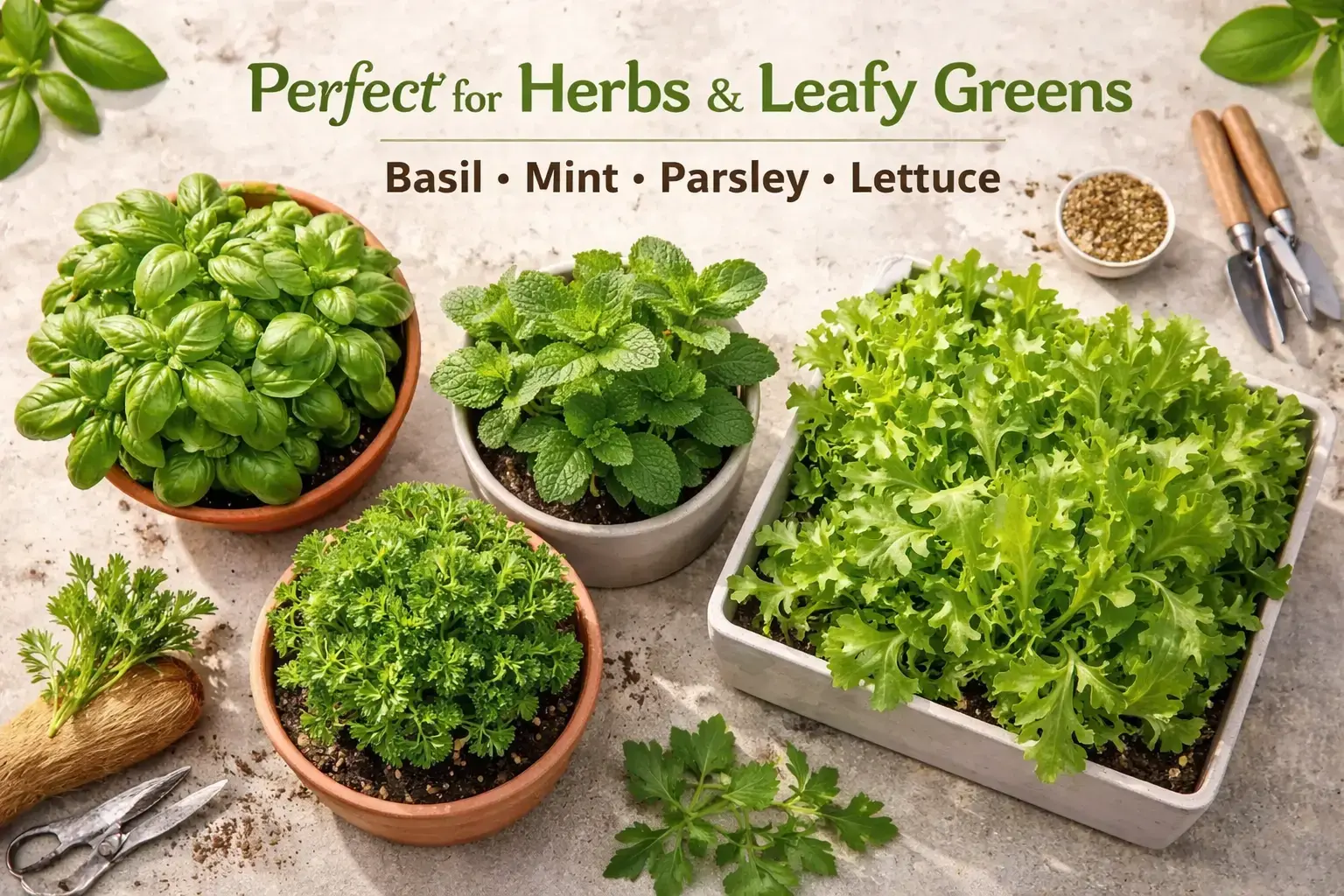 Fresh herbs growing in pots using organic herb soil mix Malta