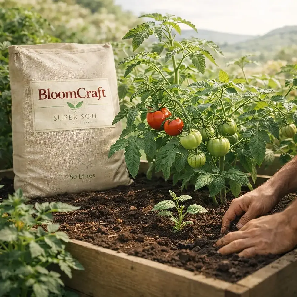 Thumbnail: Tomato plants growing in rich organic soil using BloomCraft super soil in a Mediterranean raised bed garden