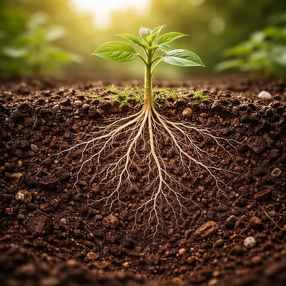 Thumbnail: Healthy plant roots growing in rich organic soil showing strong root development with GrowthCore living soil