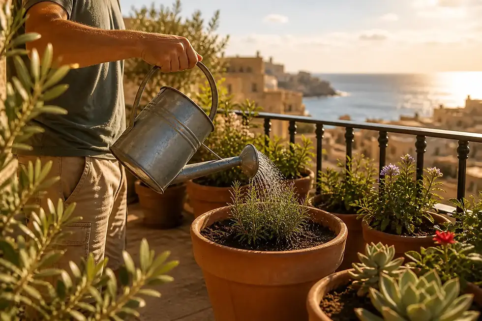 watering plants on a Mediterranean balcony in hot sunny conditions in Malta