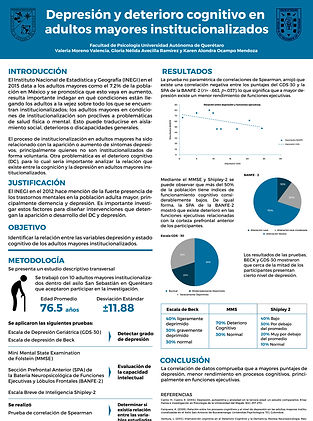 DEPRESIÓN Y DETERIORO COGNITIVO EN ADULTOS MAYORES INSTITUCIONALIZADOS 1 Primera parte de la investigación de tesis de Licenciatura de la presente autora. Cartel presentado en el XXI Congreso Nacional de Alzheimer “Acompañar y ser acompañados” (mayo 2016) 1 Valeria Moreno Valencia, Lic. en Psicología Educativa por la Universidad Autónoma de Qurétaro (UAQ)