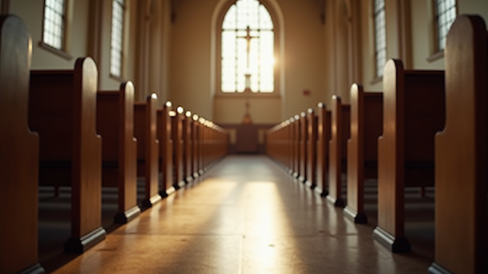Eye-level view of a serene church interior with wooden pews