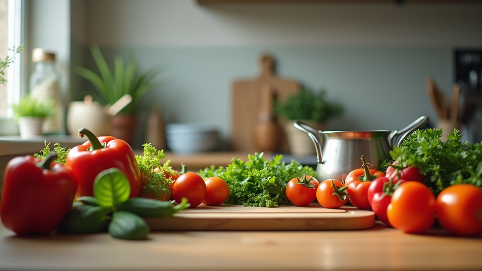 Close-up view of a kitchen counter with fresh vegetables and cooking utensils