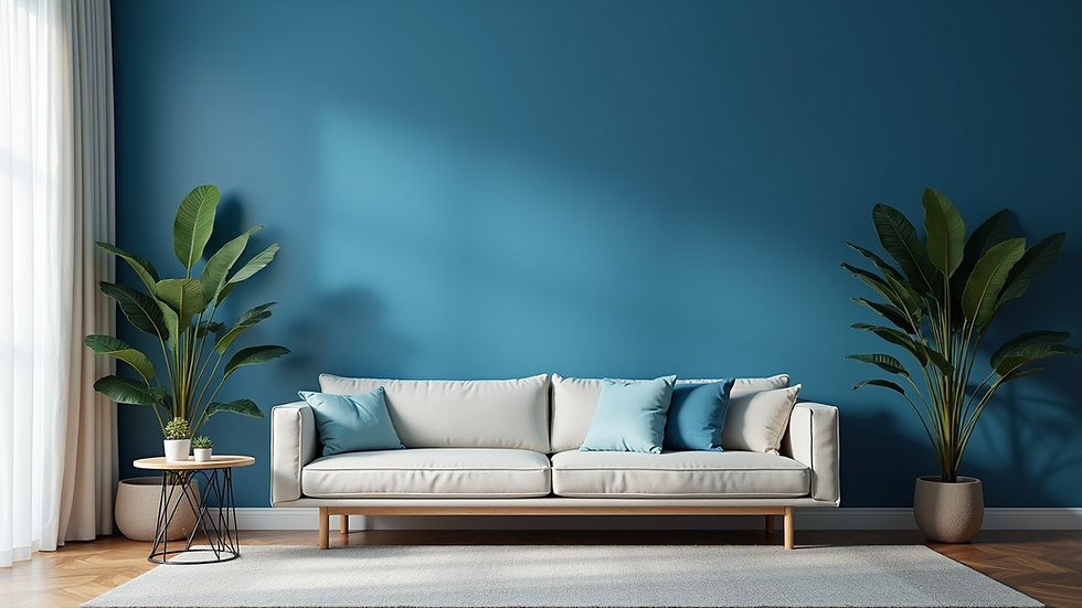 Eye-level view of a living room with a bold blue accent wall
