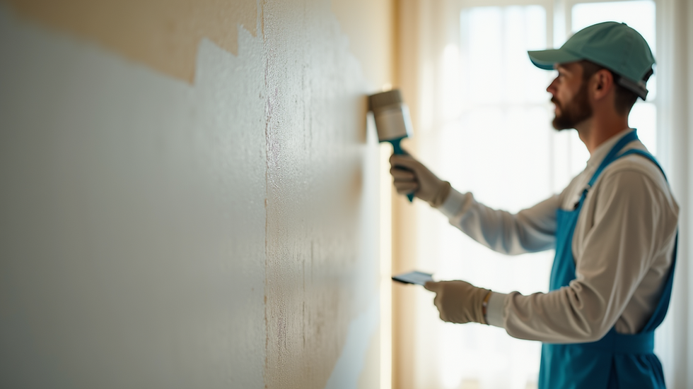 Close-up view of painter applying primer on a wall
