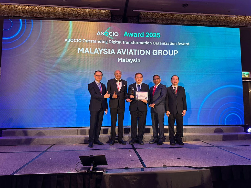 Five men in suits on stage, holding an award and certificate, smiling. Background displays "ASOCIO Award 2025," "Malaysia Aviation Group."