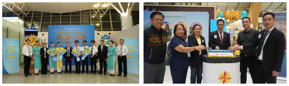 Group photo at Vietnam Airlines event for Hanoi-Cebu inaugural flight; people in uniforms, bouquets. Cake cutting in second image. Bright decor.